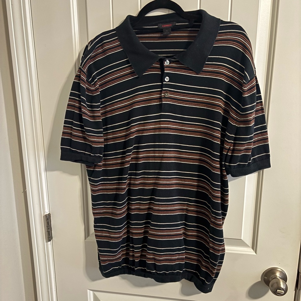 Express Men's Polo Shirt - Black and Brown Stripes